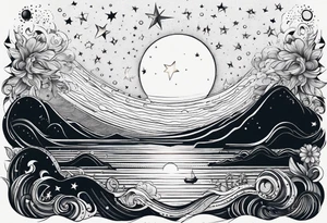 mezcla de sol luna y mar con estrellas brillantes, sin bordes, sencillo, minimalista tattoo idea