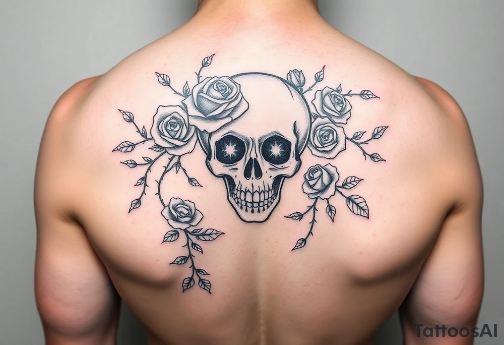 gothic skull intertwined with climbing roses and thorny vines tattoo idea