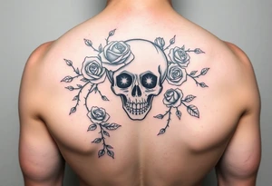 gothic skull intertwined with climbing roses and thorny vines tattoo idea
