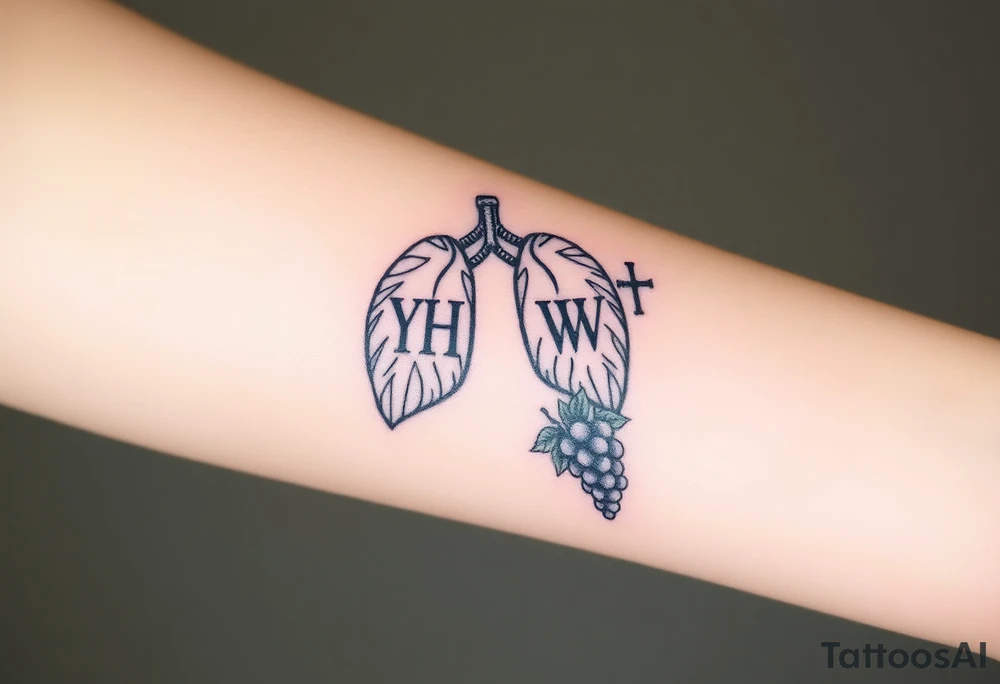Initials YH WH in lungs with cross and grapes on vine tattoo idea