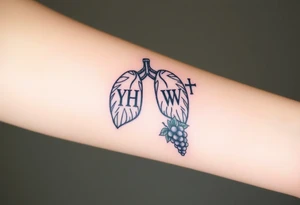 Initials YH WH in lungs with cross and grapes on vine tattoo idea