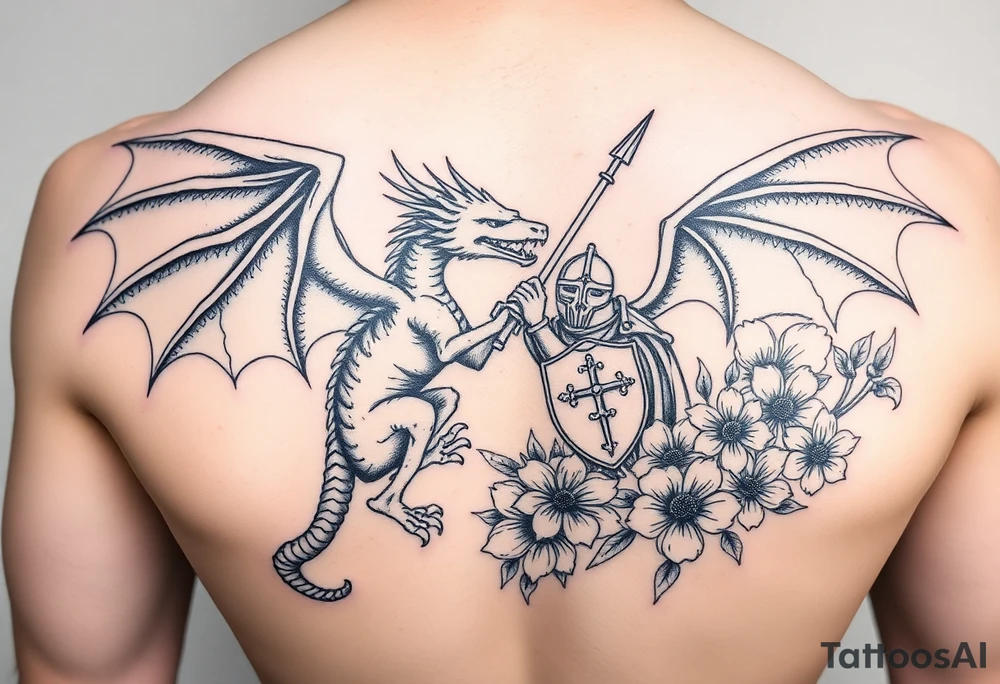 Powerful winged dragon fighting a knight with flowers tattoo idea