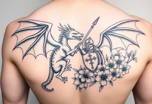 Powerful winged dragon fighting a knight with flowers tattoo idea