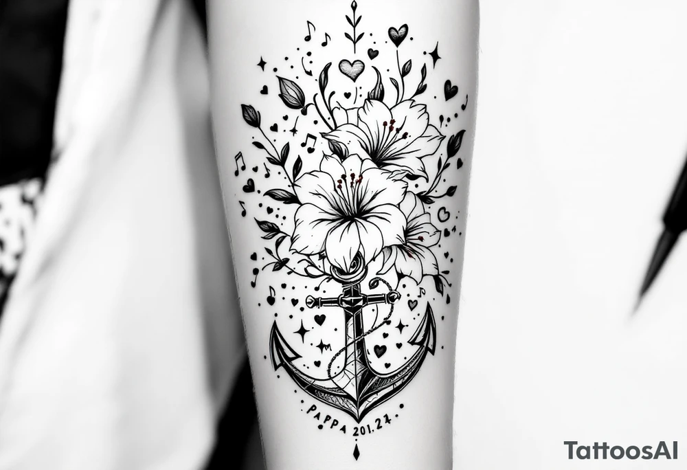 «En del av deg for evig tid
Pappa 20.12.24» Surrounded by long gladiolus, hearts, notes and an anchor tattoo idea