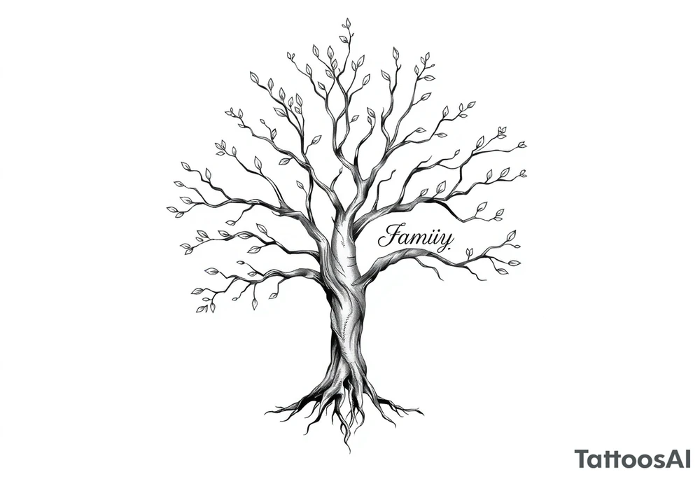 family tree tattoo with names sophie, chloe, shannon, hannah, hunter, jacob and declyn tattoo idea