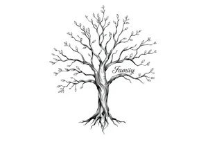 family tree tattoo with names sophie, chloe, shannon, hannah, hunter, jacob and declyn tattoo idea