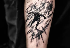 Skating Into the Storm
Tattoo of a player skating straight ahead into swirling snow and wind. Long trailing shadows, uniform in solid gray and matte red. tattoo idea