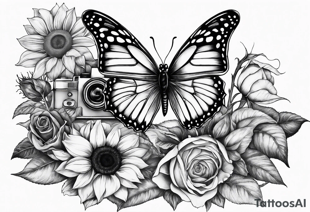 Butterfly, sunflower, camera, book, flower rose tattoo idea