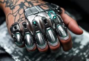 A tattooed mechanical glove with brushed silver plating and soft teal light strips running along the knuckles. tattoo idea