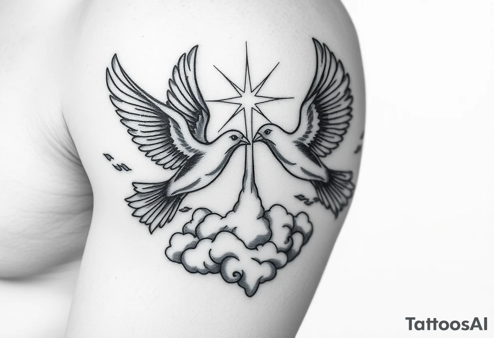 Doves, clouds, shining light to or from heaven tattoo idea