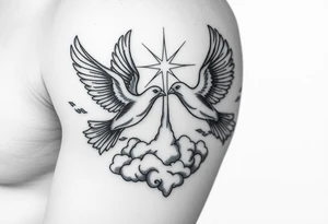 Doves, clouds, shining light to or from heaven tattoo idea