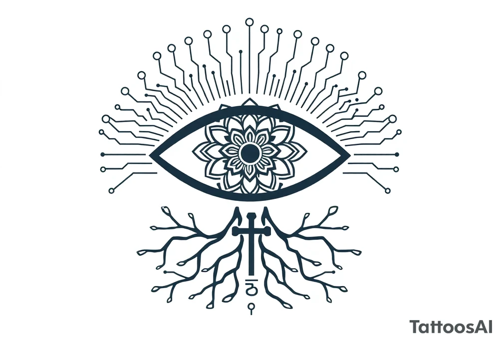 Central Element: A large, stylized eye is the focal point.
	•	The iris of the eye is filled with a mandala pattern, symbolizing depth, balance, and inner awareness.
	•	The lines are fine and clean, forming symmetrical layers and floral-like geometry within the mandala.
	•	Upper Design: From the top of the eye extend circuit-like branches, mimicking electronic pathways.
	•	These lines rise vertically and diagonally in symmetrical fashion, ending in rounded circuit nodes, representing intelligence, logic, and the digital mind.
	•	Lower Design: From the bottom of the eye extend natural tree roots.
	•	These branches flow organically and curve outward, grounding the symbol with themes of nature, growth, and spiritual connection.
	•	Text Element: Below the tree roots is the word “σοφία” in Ancient Greek, meaning wisdom.
	•	The font is clean and classical, giving it a timeless, philosophical presence.
	•	Religious Symbol: Directly below the Greek word is a simple, black cross. 
	•	The cross is thin, minimal, and vertically aligned with the center of the eye, representing faith, spirituality, or divine guidance.
	•	Placement: on the back tattoo idea