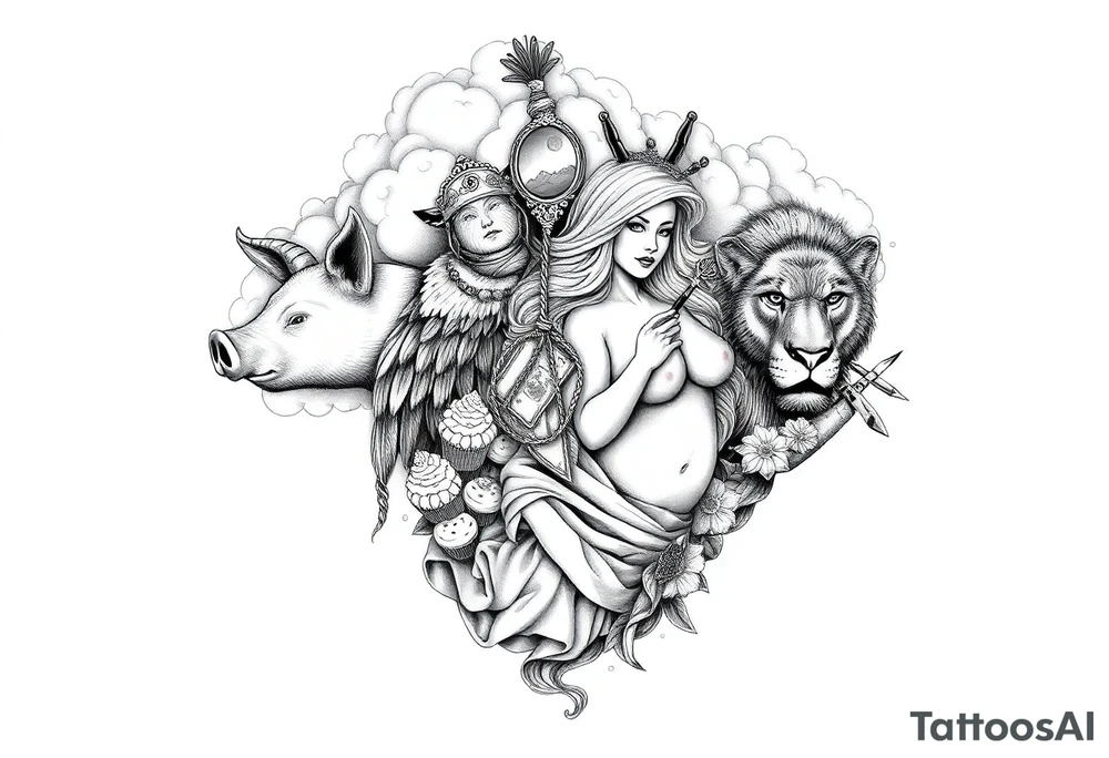 Storm clouds, pig, peacock , fat sexy naked fat woman, cupcakes, noose , money, goat, lion, man and girl having sex, cigerette, drugs, coins, storm lightening, killing, darkness, mirror, razor , knife, inside clouds tattoo idea