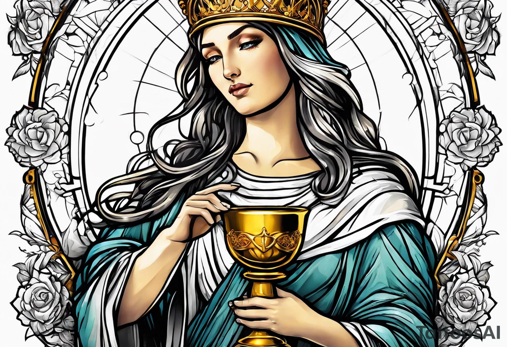 holy saint woman with golden halo holding a chalice tattoo idea