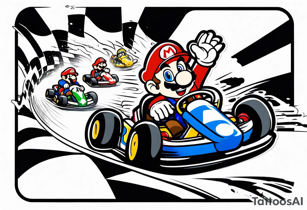 Mario kart racing down a track being chased by a blue shell tattoo idea