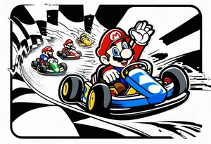 Mario kart racing down a track being chased by a blue shell tattoo idea