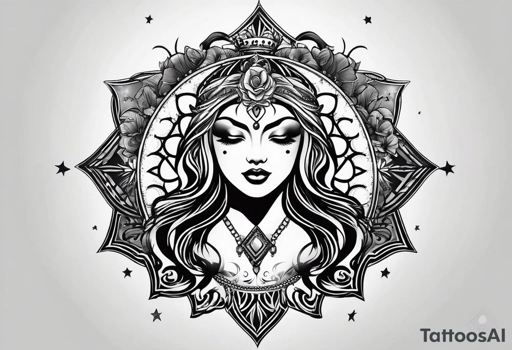protective shield with a sun with hair tattoo idea