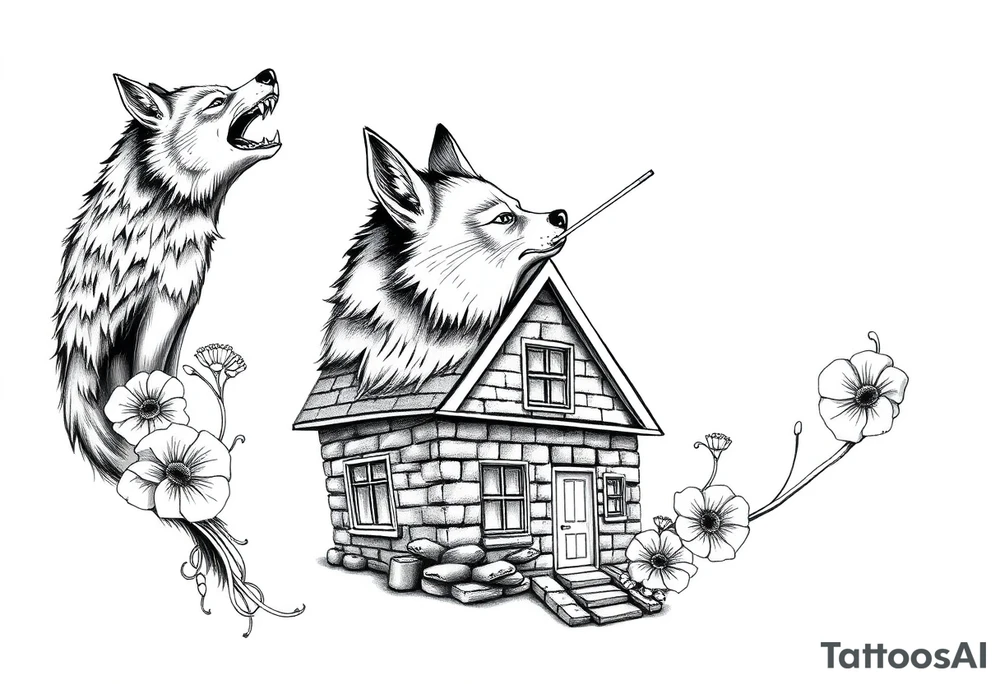 Big bad wolf  blowing down   a brick house tattoo idea