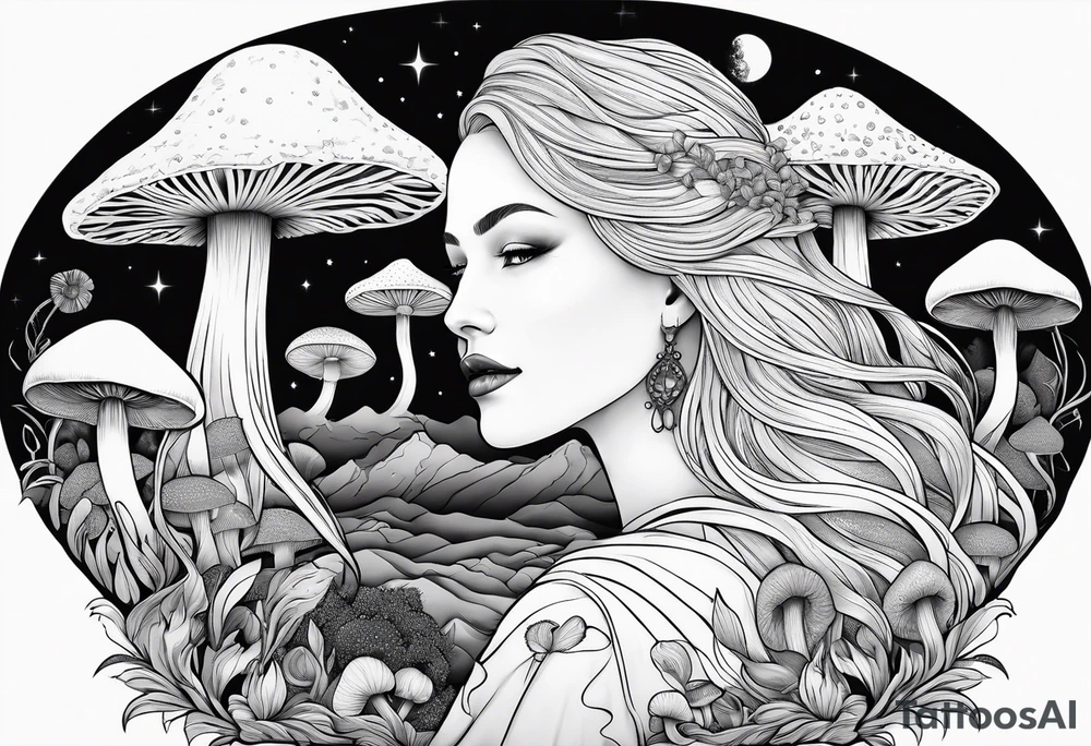 Blonde long straight hair older woman no face surrounded by mushrooms facing mountains crescent moon background tattoo idea