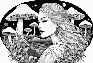Blonde long straight hair older woman no face surrounded by mushrooms facing mountains crescent moon background tattoo idea