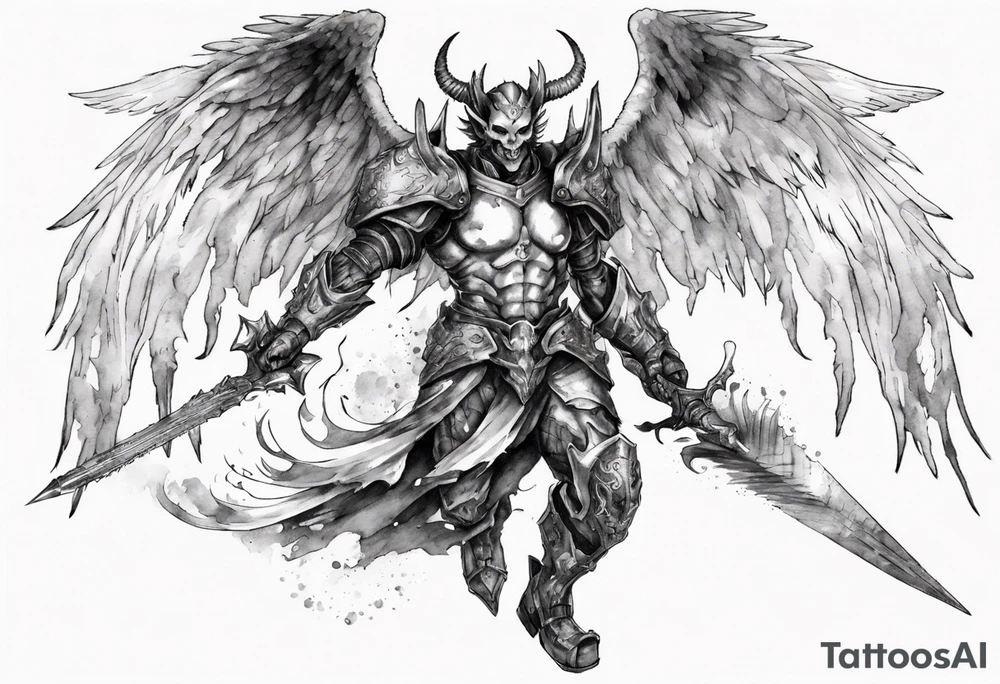 A demon angel wearing inorganic armor that is in mid-air with his weapon behind about to attack. tattoo idea