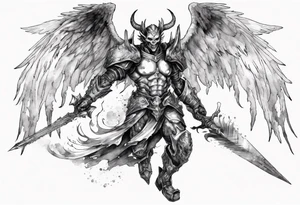 A demon angel wearing inorganic armor that is in mid-air with his weapon behind about to attack. tattoo idea