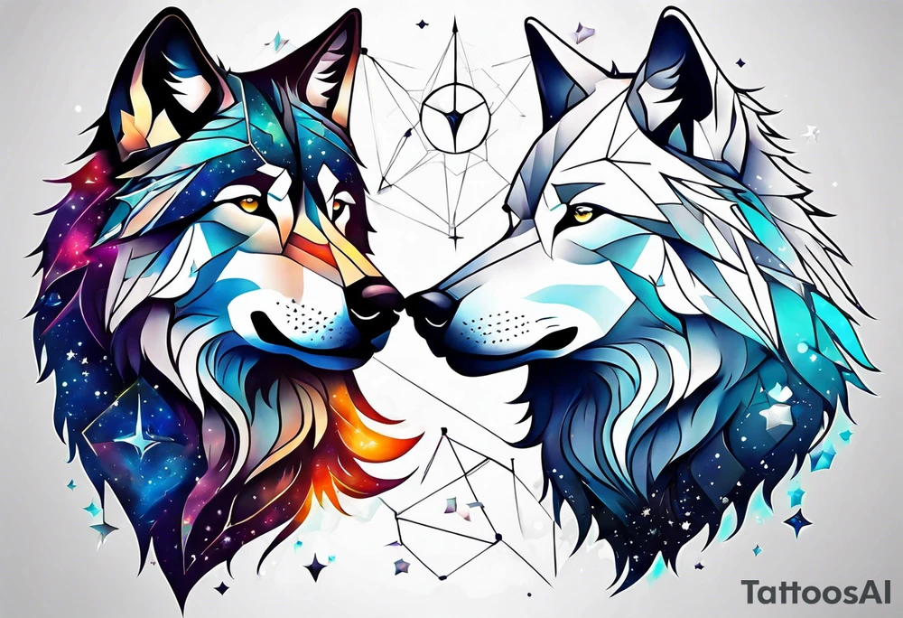 Constellation, two animal wolf, géométric tattoo idea