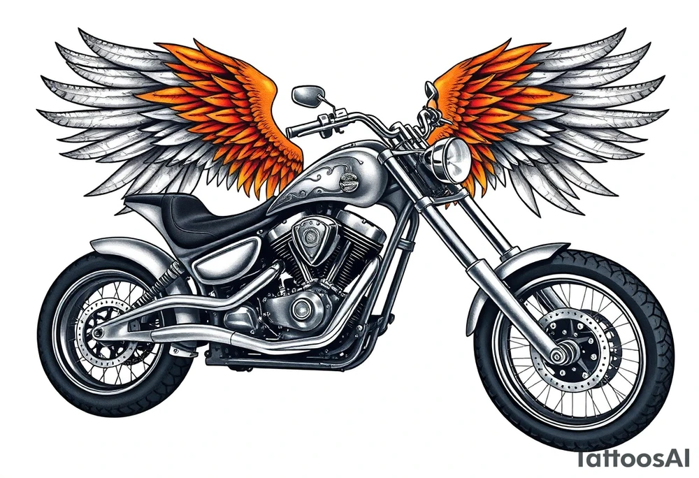 Low rider grey motorcycle, flames, angel wings tattoo idea