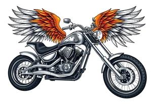 Low rider grey motorcycle, flames, angel wings tattoo idea