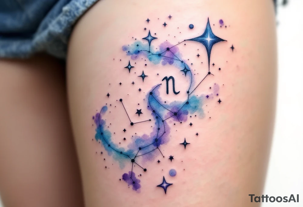 A watercolor Capricorn star constellation flows in soft blues and purples, wrapping around a minimal Capricorn glyph. tattoo idea