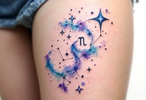 A watercolor Capricorn star constellation flows in soft blues and purples, wrapping around a minimal Capricorn glyph. tattoo idea