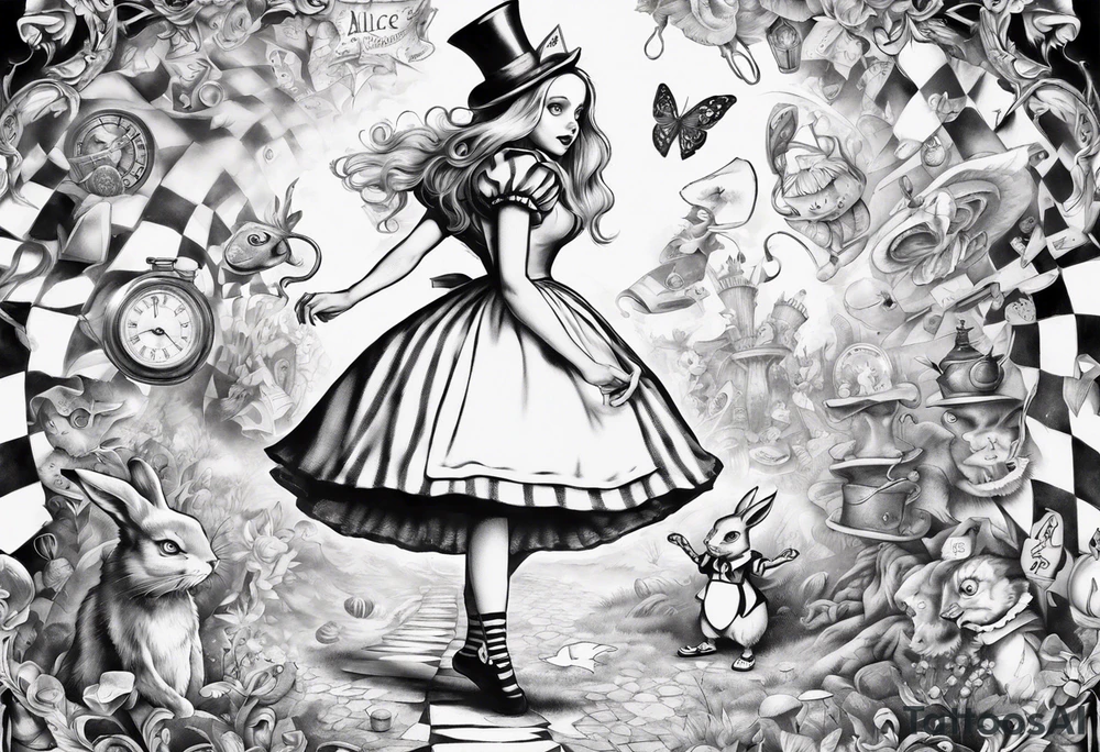 Alice in wonderland mural, "Alice, Don't Get Lost In Wonderland" tattoo idea