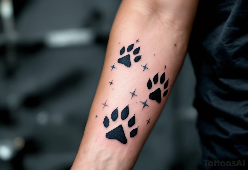 Geometric Paw Print Trail – Each paw rendered in sharp geometric lines and triangles, with black, gray, and muted blue filling, giving a modern abstract style. tattoo idea