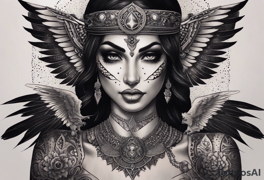 black kali, goddess pirate, alien, angel, pachamama, valkrye, warrior, flying, skull, lotus azul, wing, eagle, zenza resonance, stars, 5D, anahata chakra, death, durga, riding on a tiger, flying lady, chest tatoo tattoo idea
