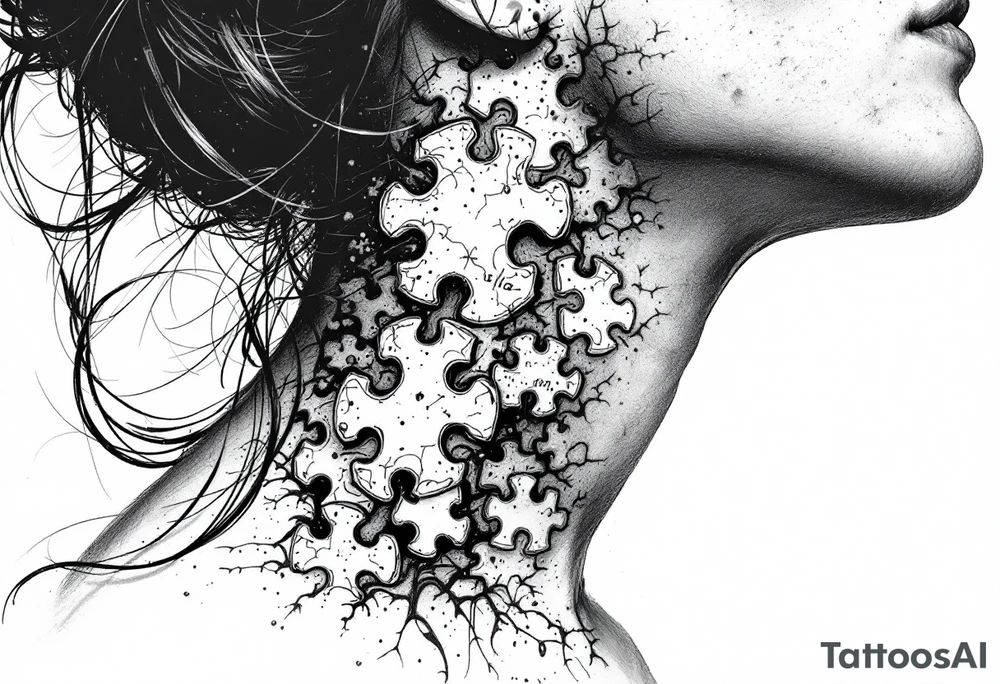 Puzzle piece tattoo on side of the neck  and have a missing piece on the side that says Rella on it. tattoo idea