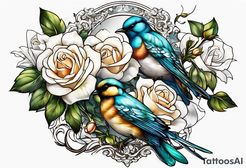 Two birds sitting on a stem of White roses with another bird flying in to land on stem tattoo idea