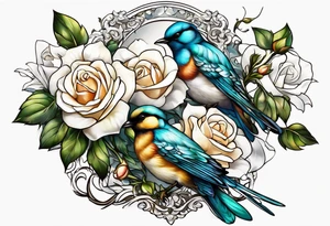 Two birds sitting on a stem of White roses with another bird flying in to land on stem tattoo idea