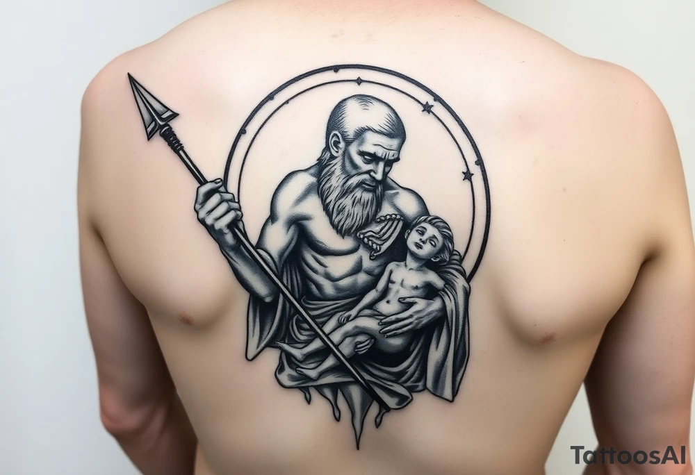 a tattoo design of the Greek God Saturn but older and nearly dying holding his spear looking down using the spear to keep himself upright, in his other arms cradling a twin dying younger version of himself. The gemini constellation is in the background behind the Saturn Gods. Long vertical form as this will be on a thigh - include the planet Saturn rings going round the design tattoo idea