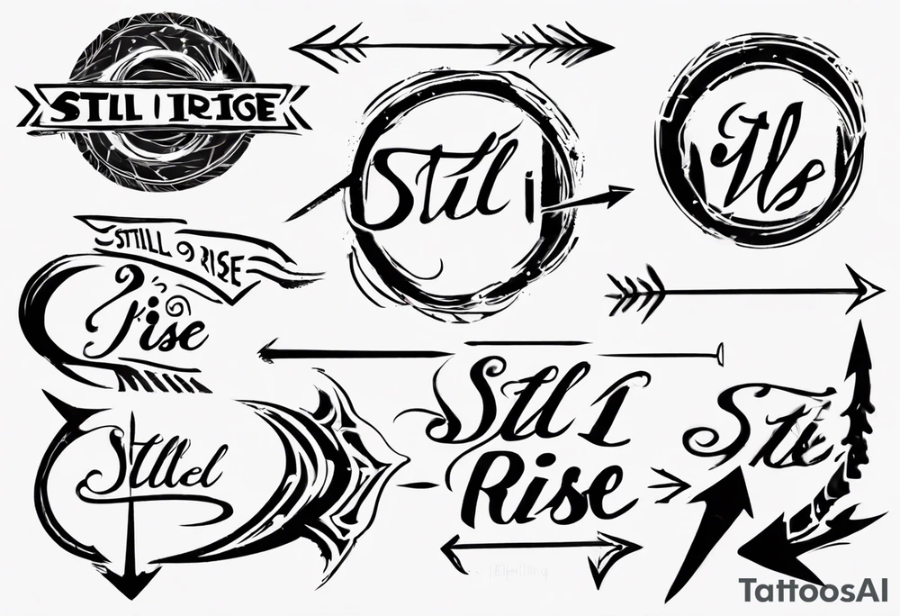 Sentence “still i rise” , with a circle around it thin lines, arrow coming out sides lettering tattoo idea