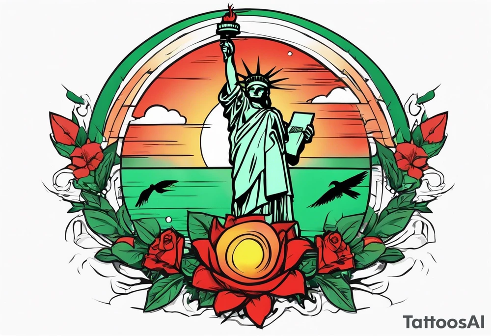 the statue of liberty with a skull for a face, and green dollar signs for eyes, with a red sun behind it with birds flying towards it tattoo idea