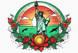 the statue of liberty with a skull for a face, and green dollar signs for eyes, with a red sun behind it with birds flying towards it tattoo idea