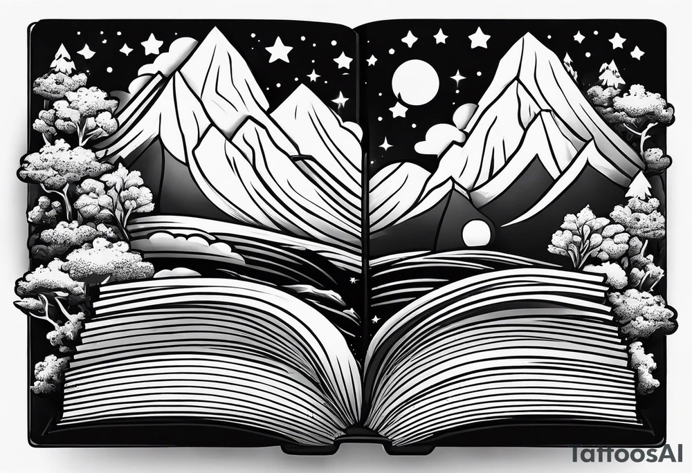 Open book with stars and mountains in a cartoon minimalistic design. Incorporate sushi subtly tattoo idea