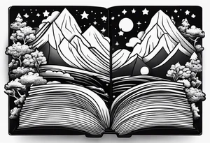 Open book with stars and mountains in a cartoon minimalistic design. Incorporate sushi subtly tattoo idea
