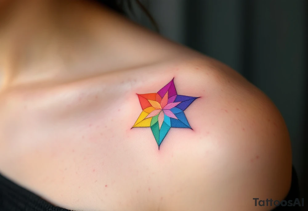 A rainbow-colored eight-pointed star tattoo celebrates inclusivity and universal love. tattoo idea