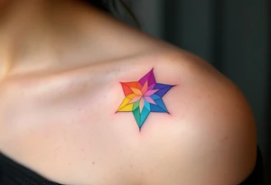 A rainbow-colored eight-pointed star tattoo celebrates inclusivity and universal love. tattoo idea