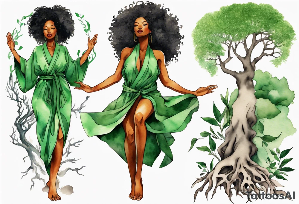 a beautiful black woman wearing a green robe with legs that turn into tree roots, arms reaching up towards the sun tattoo idea