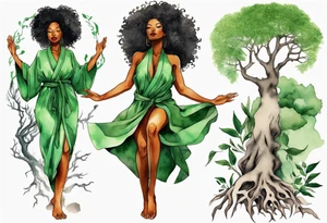 a beautiful black woman wearing a green robe with legs that turn into tree roots, arms reaching up towards the sun tattoo idea