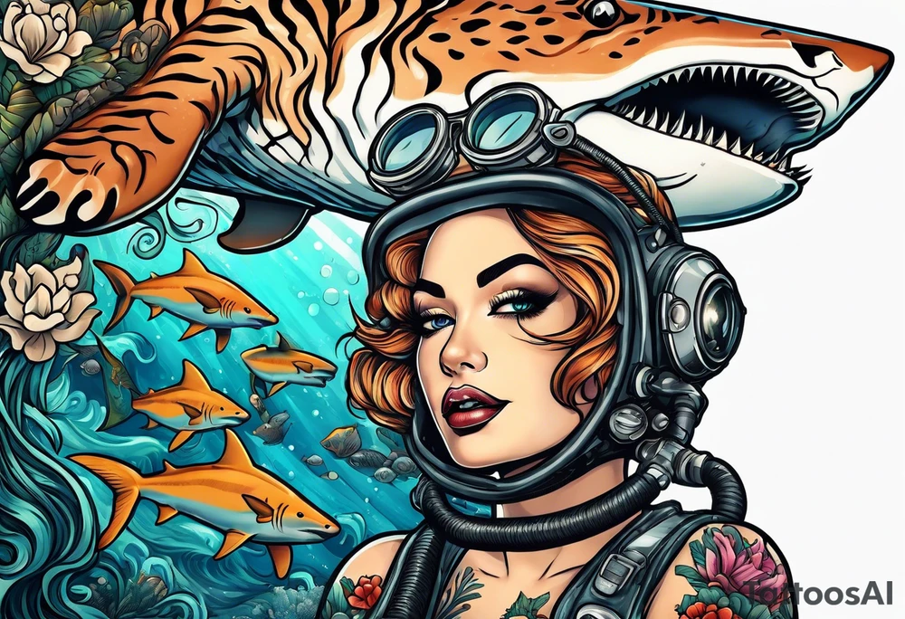 Deep sea diver with tiger shark and pin up girl tattoo idea