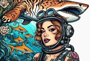 Deep sea diver with tiger shark and pin up girl tattoo idea