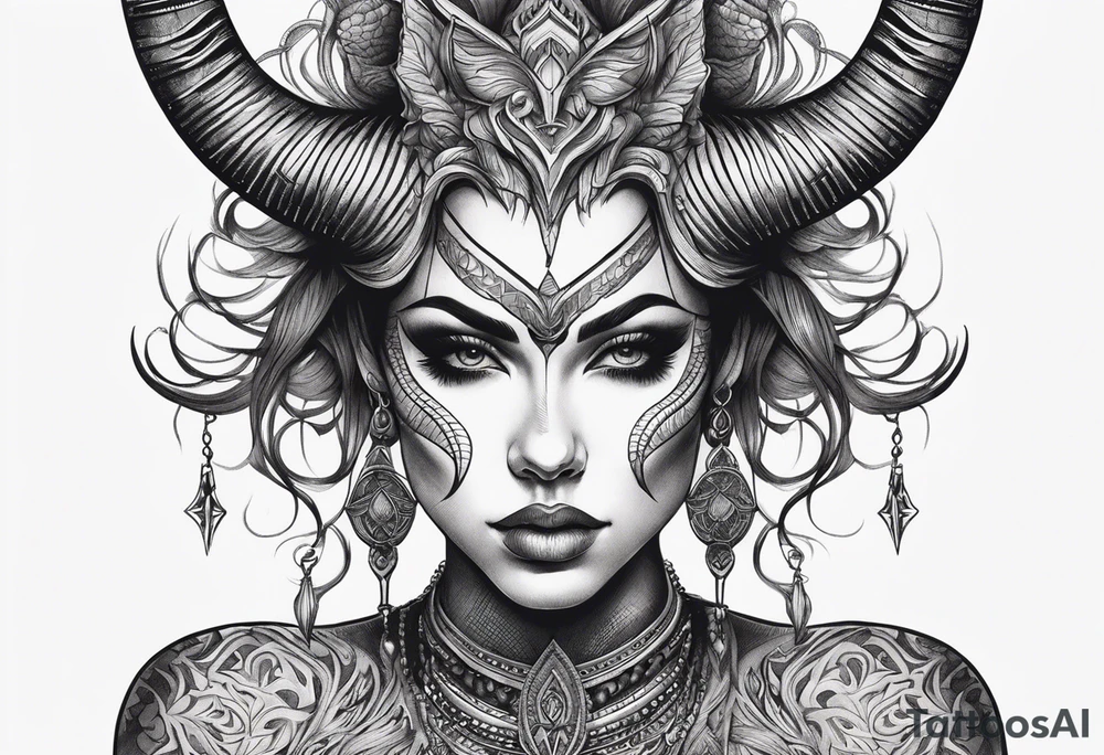 symmetrical beautiful horror woman head with curved horns facing downwards dark realism looking front facing view tattoo idea